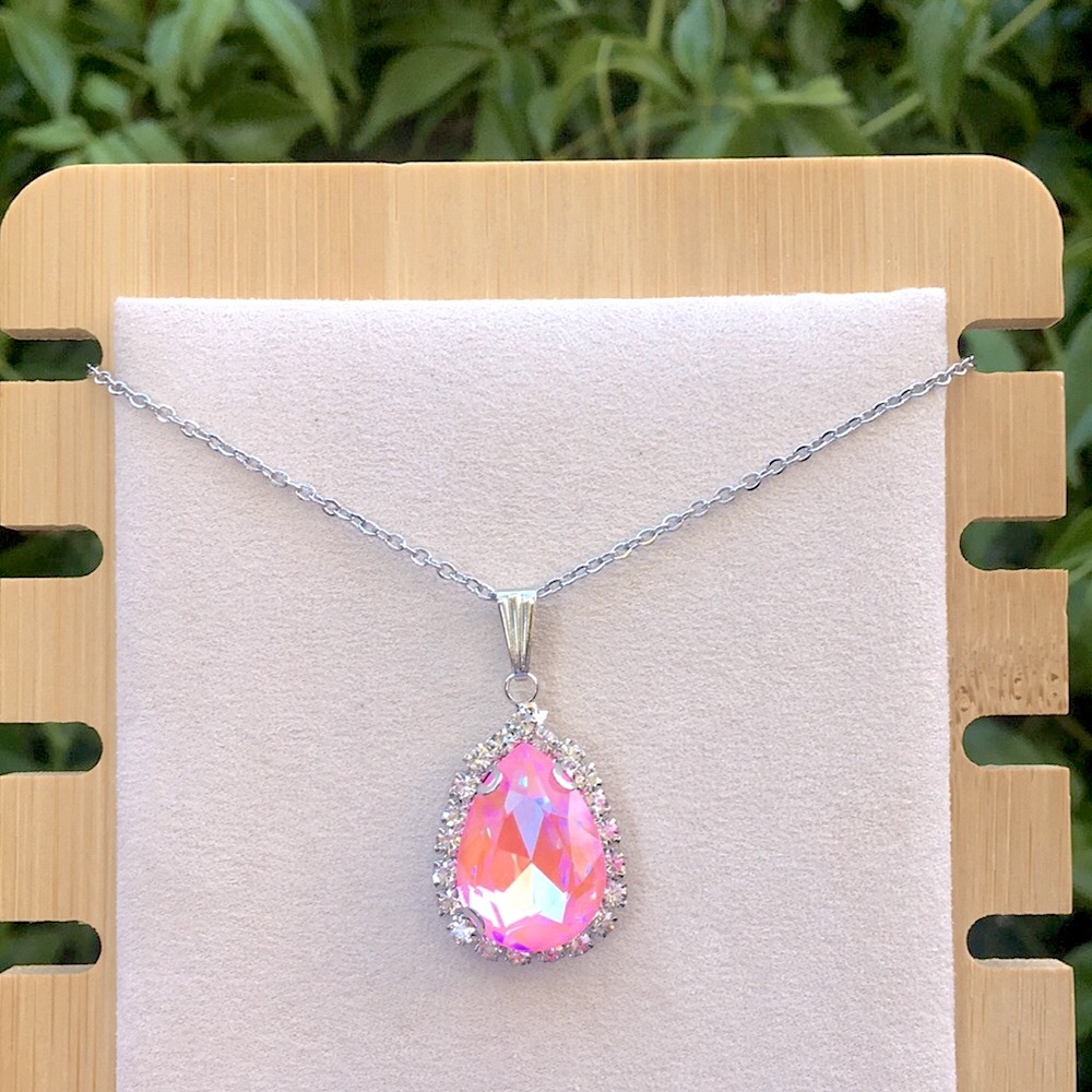 Pink Aurora Borealis + Silver Crystal Halo Pear Drop Pendant Necklace - Picture 7 of 11